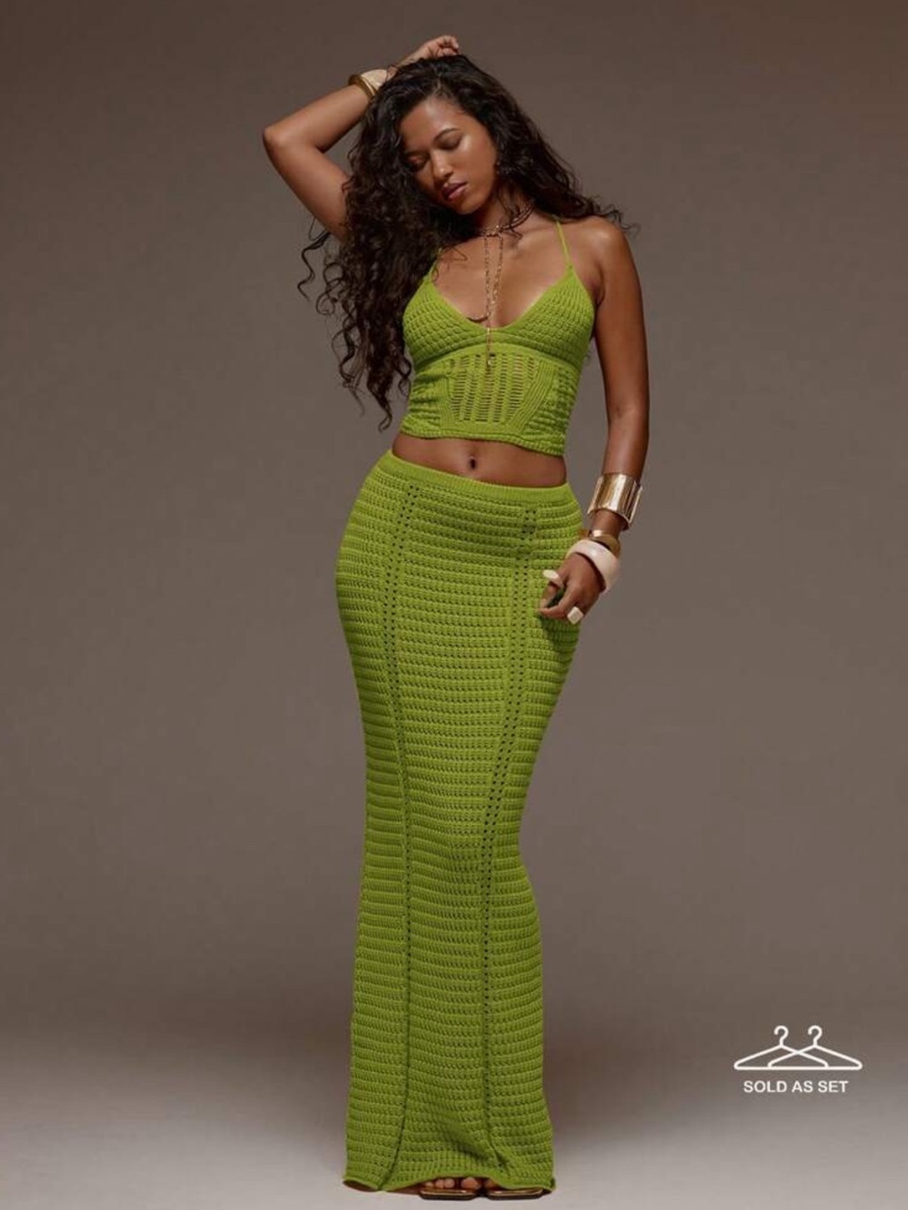 Knit Maxi Skirt in Lime Green Set - Women